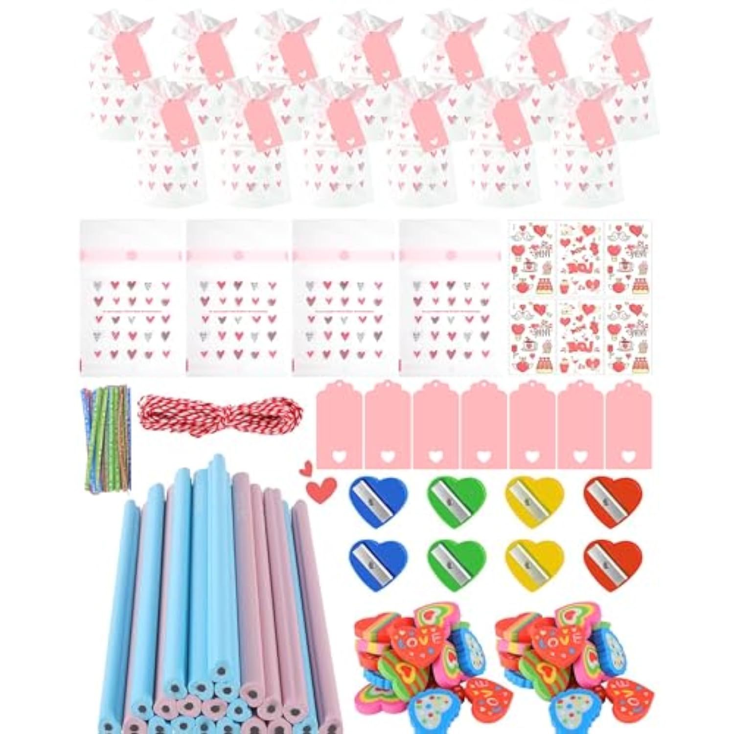 Class Valentines Day Gifts For Kids - 28 Pack Valentines Stationery Sets With Pencil Erasers Sharpener Tattoo Sticker - School Valentines Classroom Exchange Party Favors