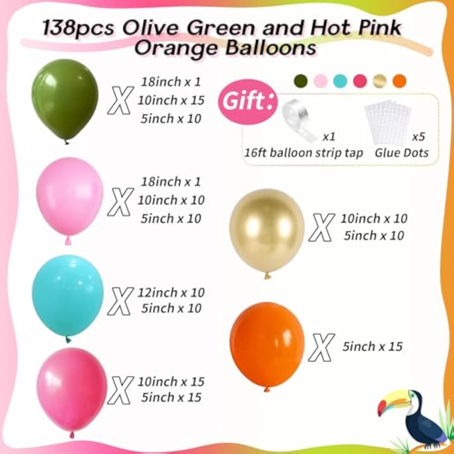 138pcs Flamingo Luau Balloon Garland Kit, Tropical Pink Green Gold Party Decor
