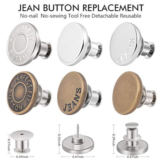 12 Sets Button Pins For Loose Jeans, No Sew And No Tools Instant Replacement Snap Tack Pant Button, Reusable And Adjustable Metal Pants Button Tightener