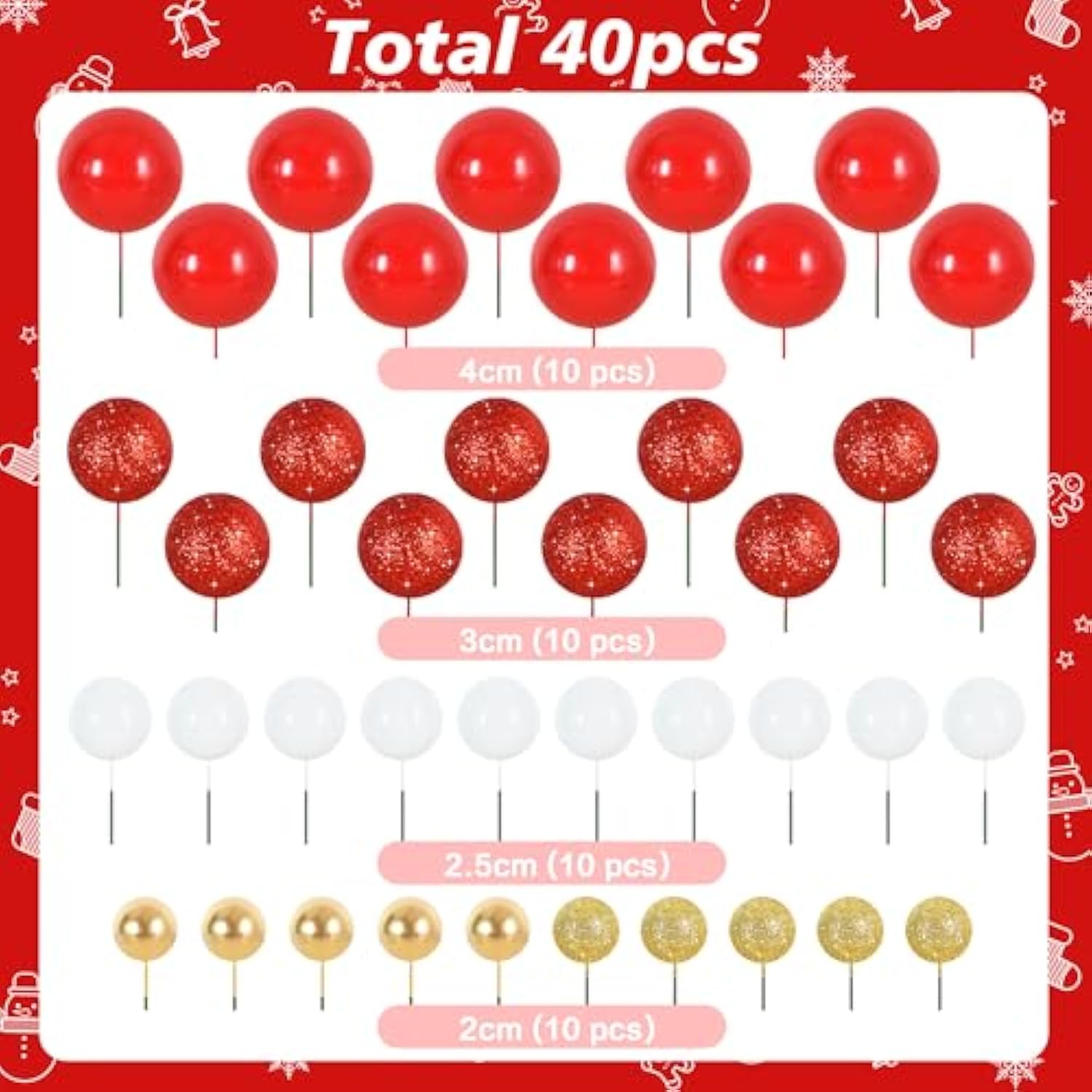 40 Pcs Foam Ball Cake Toppers Red, Gold & White Decor for Birthdays & Holidays