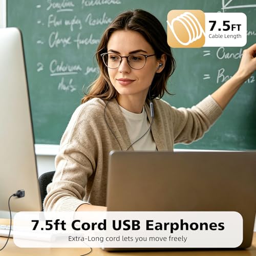 USB A Headphones Wired Earbuds with 7.5ft Long Cord,3 Sizes Ear Tips & Carry Case Earphones In-Ear Buds for School Students Home Office Gaming USB