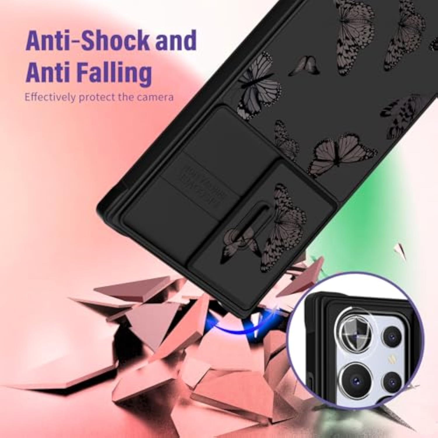 Samsung Galaxy S25 Ultra Case with Ring Stand, Black Butterfly Design, Cute Cartoon Style Phone Case