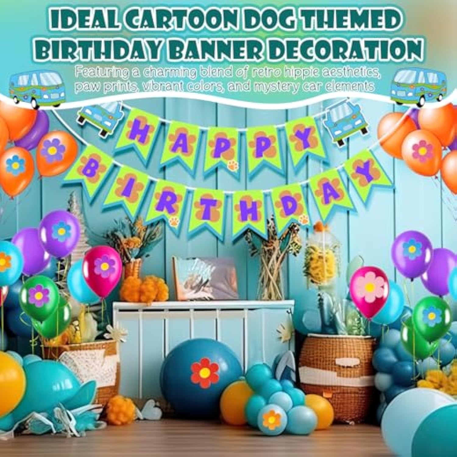 Car & Dog Cartoon Hippie Birthday Banner for Kids’ Blue/Green Party Decor