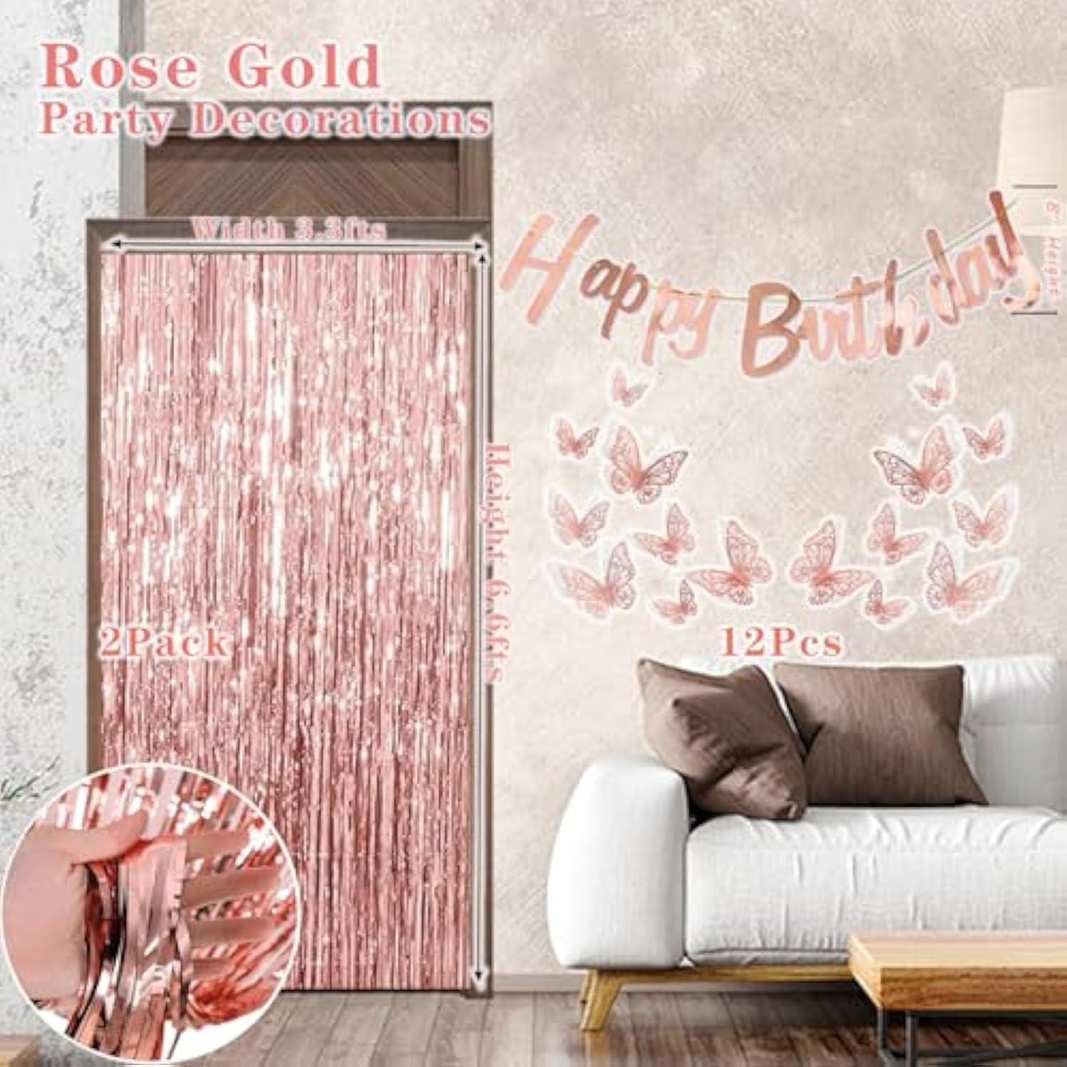 Birthday Decorations For Women Girls Tinsel Curtains 3D Butterfly Stickers Foil Balloons Happy Birthday Banners Rose Gold Crown
