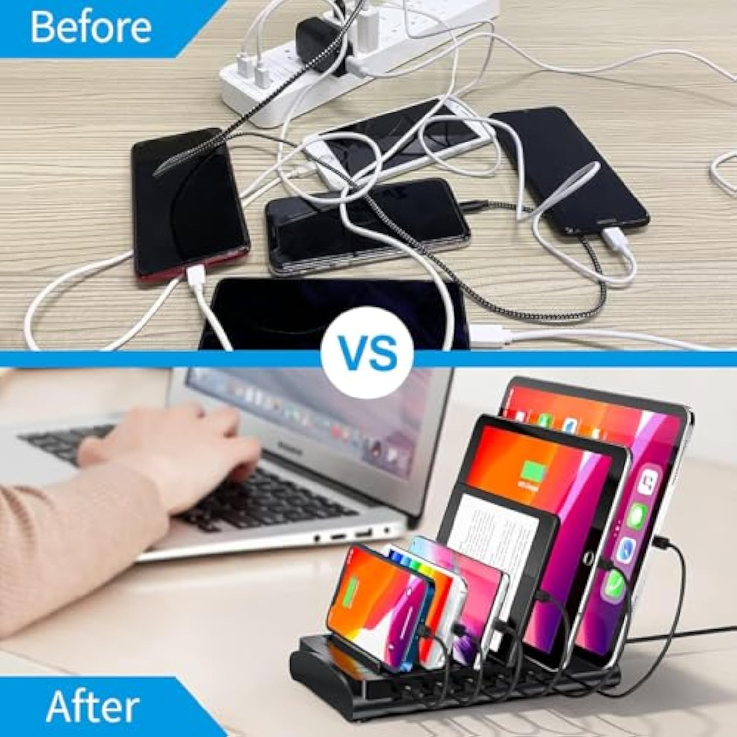 Charging Station For Multiple Devices, 60W 6 Ports Multi Charger Station For Iphone, Ipad, Cell Phone, Tablets, And Other Electronics (6 Ports-Black)