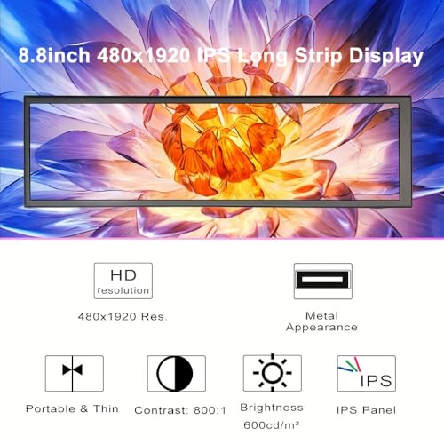 8.8-Inch Touchscreen Bar Display, 1920X480, Metal Shell Ips Portable Touch Monitor With Usb-C Port. Compatible With Raspberry Pi, Laptop Aida64 Monitoring, Gpu/Cpu Stats, And Pc Case Mini Screen