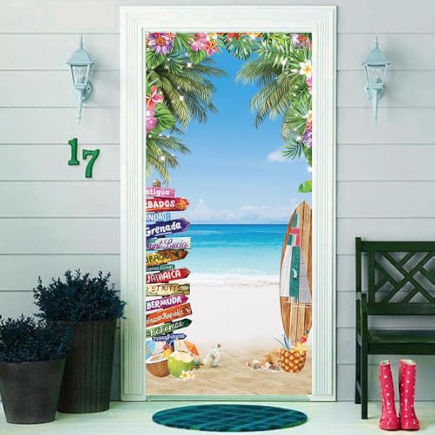 35.4 X 72.8 Inches Summer Tropical Beach Seaside Door Banner Supplies Hawaiian Floral Lead Sign Seaside Party Surf Baby Shower Kids Cake Table Banner Shooting Backgrounds
