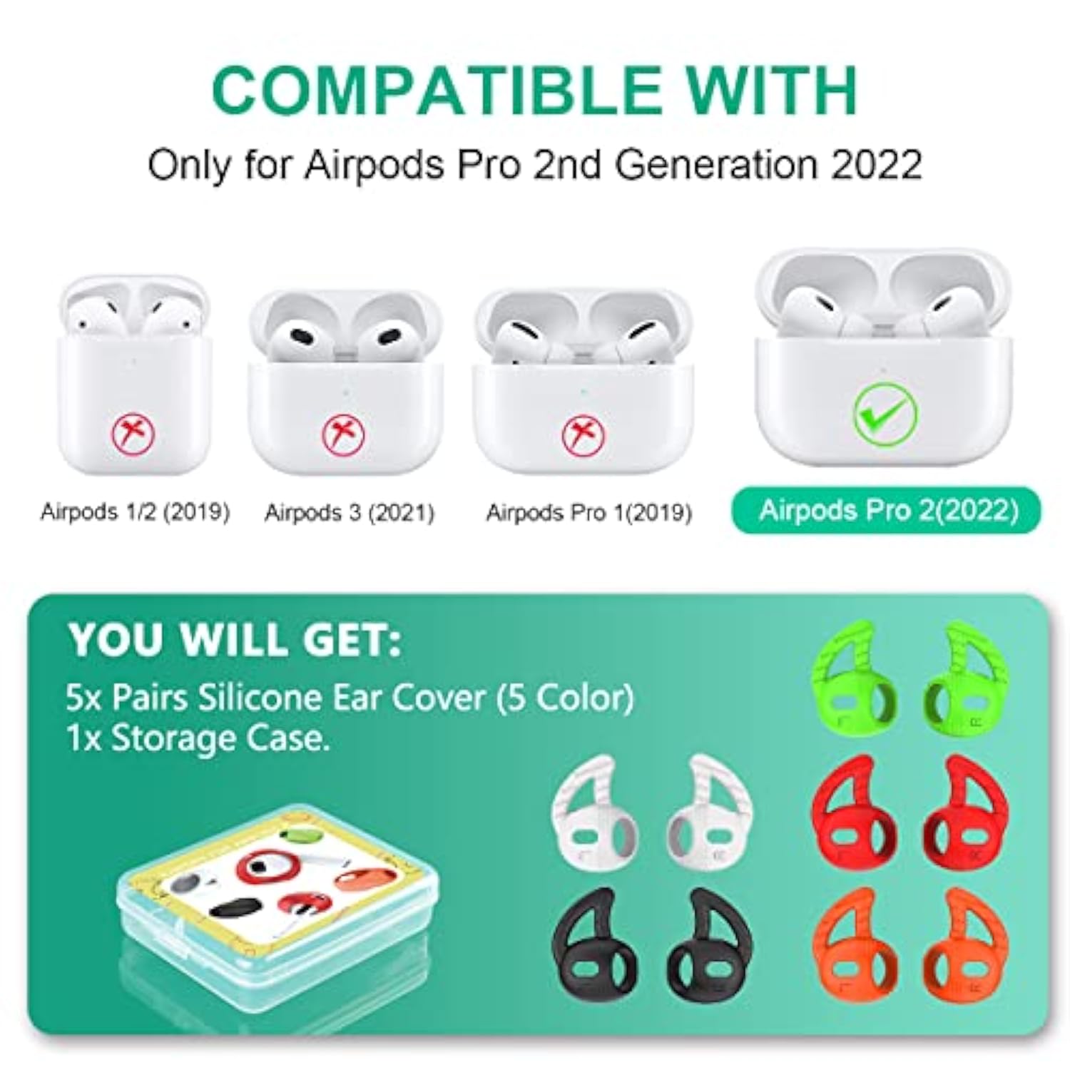[5 Pairs] Silicone Ear Hooks For Airpods Pro 2, Ear Hook Anti Slip Airpods Pro 2 Accessories Compatible With Airpods Pro 2Nd Generation (2022) - Not Fit In Case