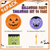 96Pcs Halloween Plates and Napkins Set Pumpkin Bat Ghost Disposable Tableware Serve 24