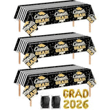 7-Pack Graduation Party Decorations Kit: 3 Black-Gold Graduation Tablecloths (54"X108") + 2 Foil Balloons (2026 & Grad) + 2 Matching Foil Backdrop Curtains, Leakproof & Sturdy