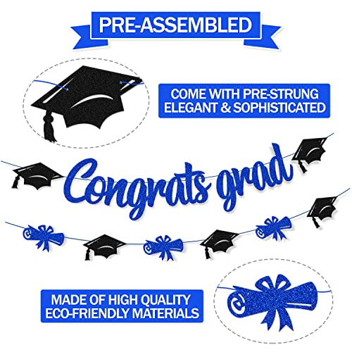 Congrats Grad Banner Class of 2026 Cap Diploma Themed Graduation Party Supplies for High School College Senior 2026 Celebratory Decorations (Blue)