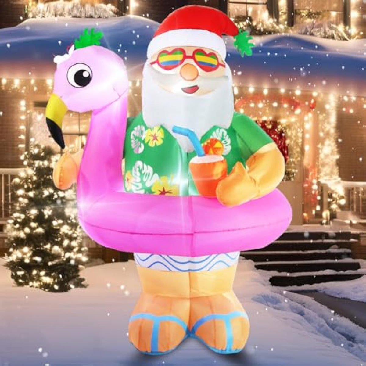 Christmas Inflatables Santa Claus Outdoor Decorations 6Ft Giant Hawaiian Santa Flamingo Swimming Ring Blow Up Yard Xmas