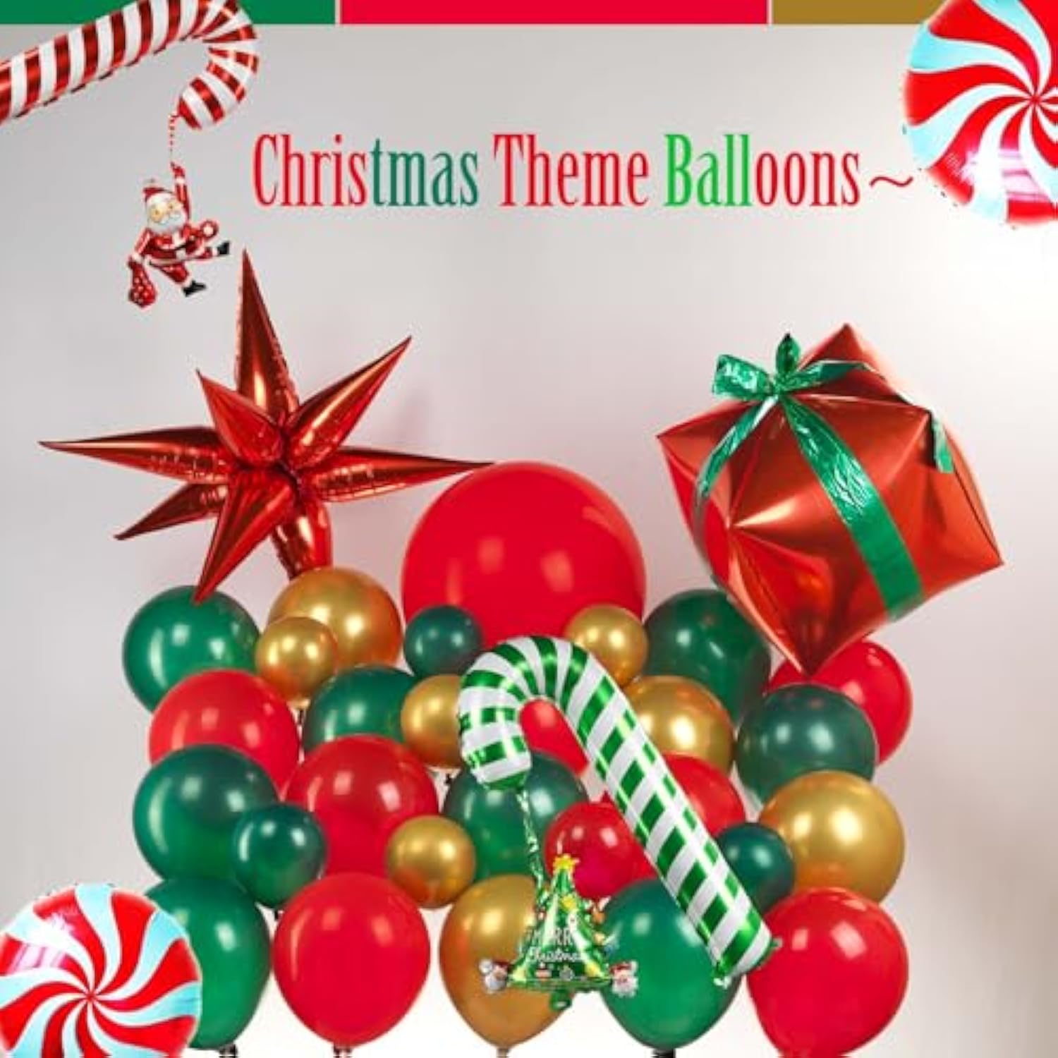 Merry Christmas Red Green Gold Balloon Garland Arch Set 100Pcs With Christmas Tree Santa Candy Cane Star Cookie Mylar Balloons For Winter Xmas New Year'S Eve Decoration