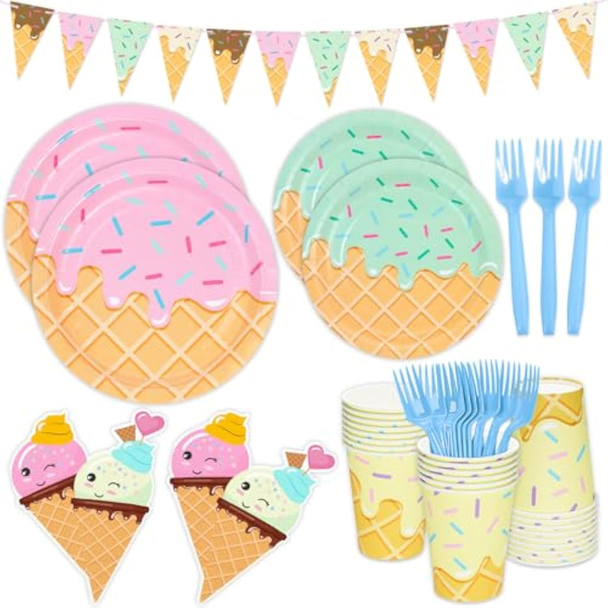 132 Pcs Ice Cream Birthday Party Supplies, Ice Cream Disposable Tableware Set Party Table Decorations For Girl, 9'' And 7'' Plates, Napkins, Cups, Forks, Banner, Serves 24
