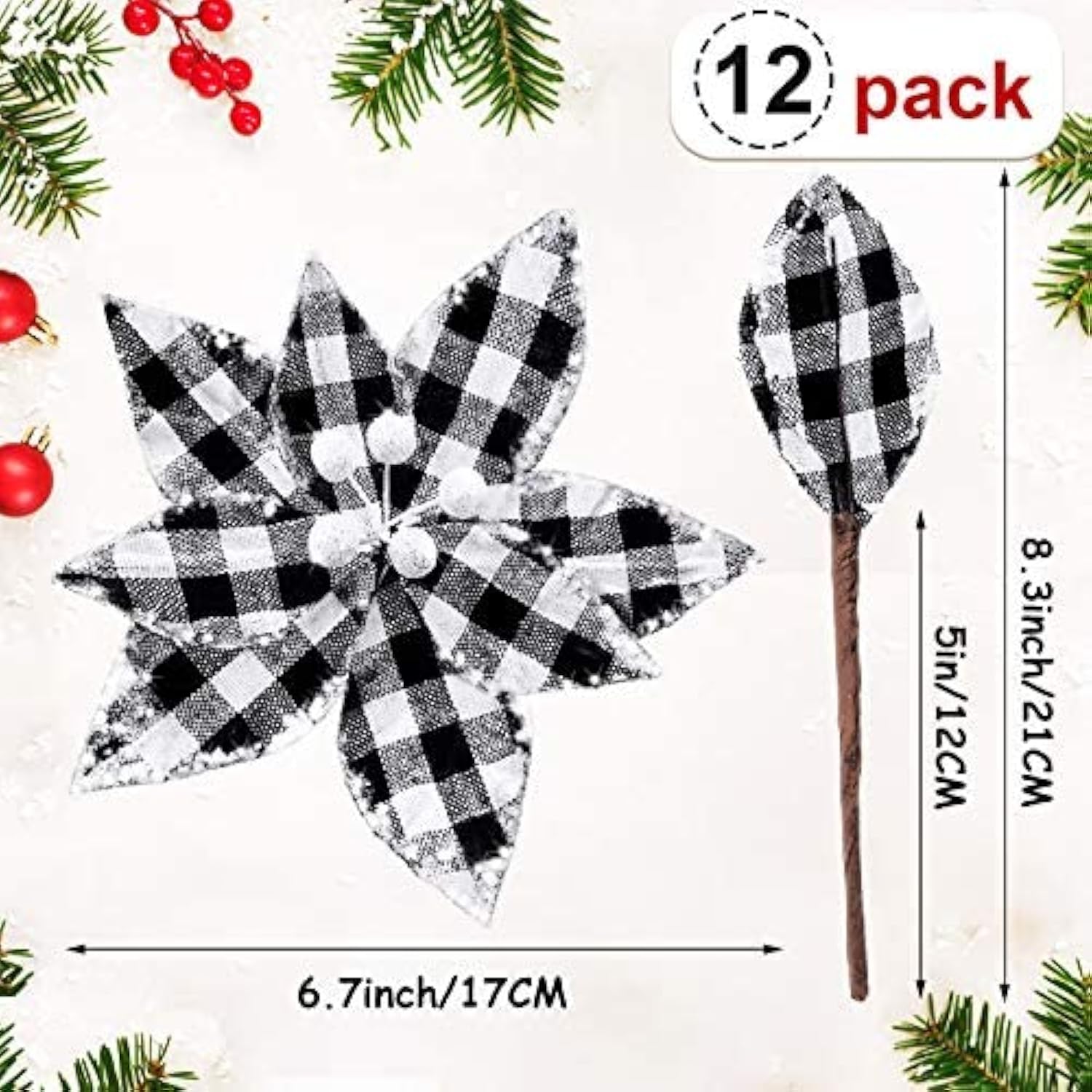 12 Pieces Buffalo Plaid Poinsettias Christmas Tree Ornaments Artificial Christmas Flowers With Glitter Powder For Christmas Tree Wreaths Garland Holiday Decorations 6.7 Inch (Black And White)