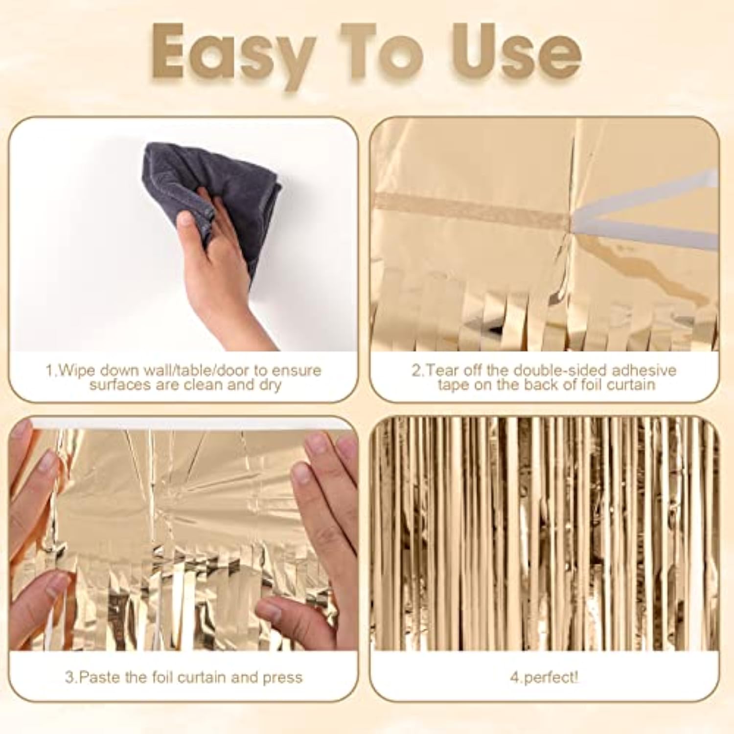 3PCS Champagne Foil Fringe Curtains, 3.3x8.2ft Tinsel Backdrop for Party & Event Decor