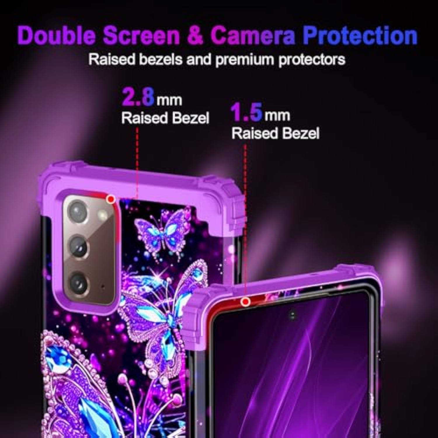 For Galaxy Note 20 Case,Glow In The Dark Three Layer Heavy Duty Shockproof Full Body Protection Hard Plastic Bumper+Soft Silicone Protective Case For Samsung Galaxy Note 20,Dark Butterfly