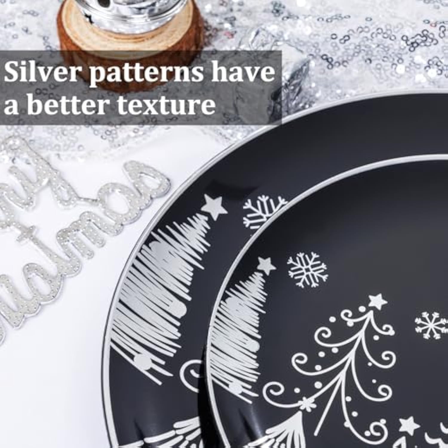 150Pcs Christmas Plates Disposable & Christmas Dinnerware Set For 25 Guests - Black & Silver Plates, Plastic Silverware & Cups With Silver Rim For Christmas Party Supplies