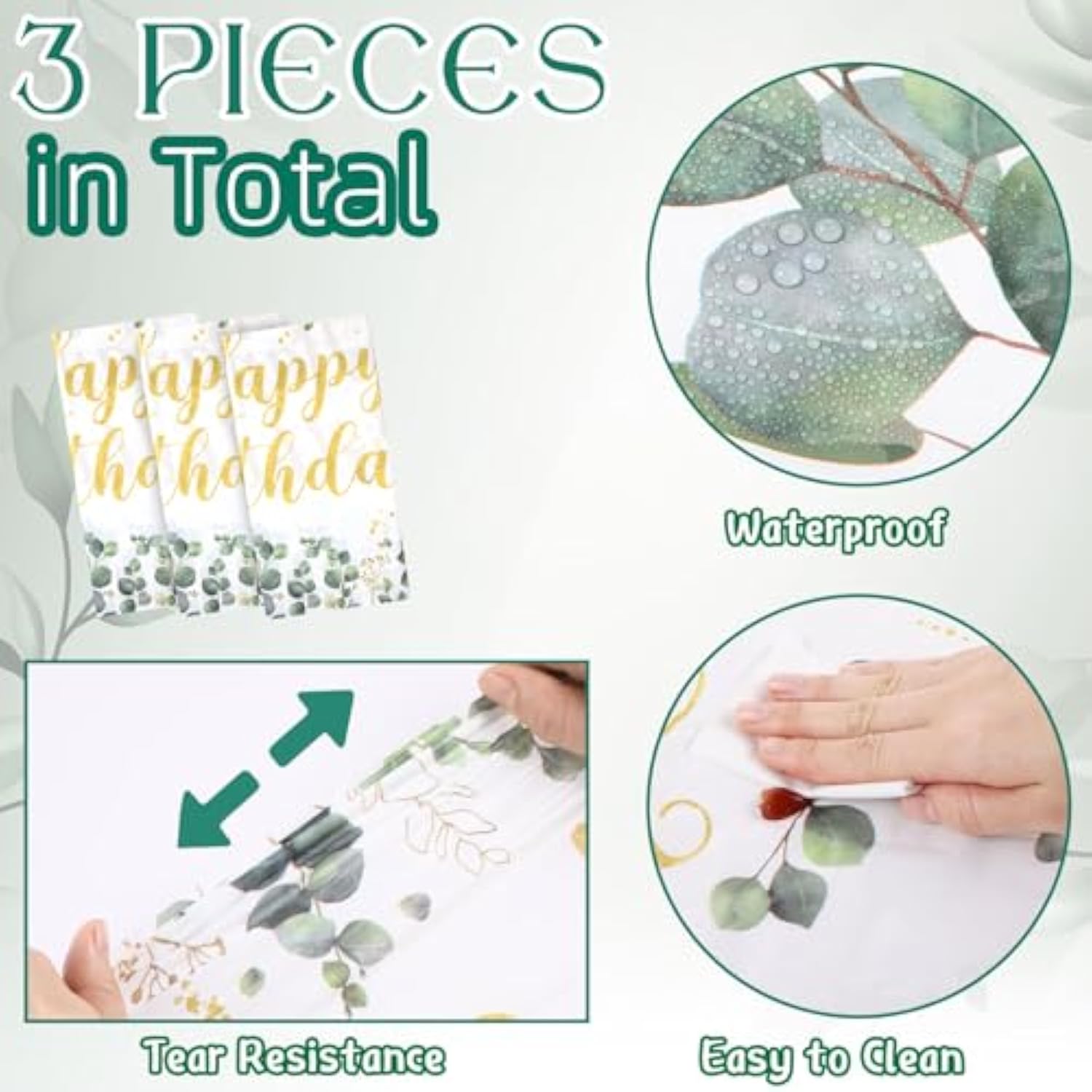 3 Pcs Sage Green Disposable Tablecloth Happy Birthday Table Cover 54 X 108 Inch Eucalyptus Leaf Plastic Table Cloth Greenery Birthday Party Decorations For Boys Girls Women Men