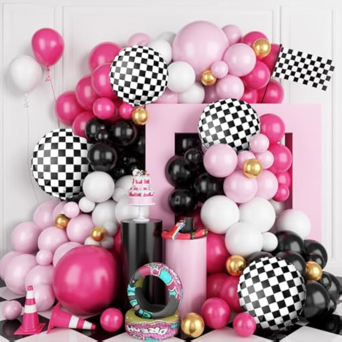 Pink Race Car Balloon Arch Garland Kit, Hot Pink Black Balloons Arch With Black And White Plaid Foil Balloons For Kids Girls Racing Car Theme Birthday Baby Shower Party Decorations