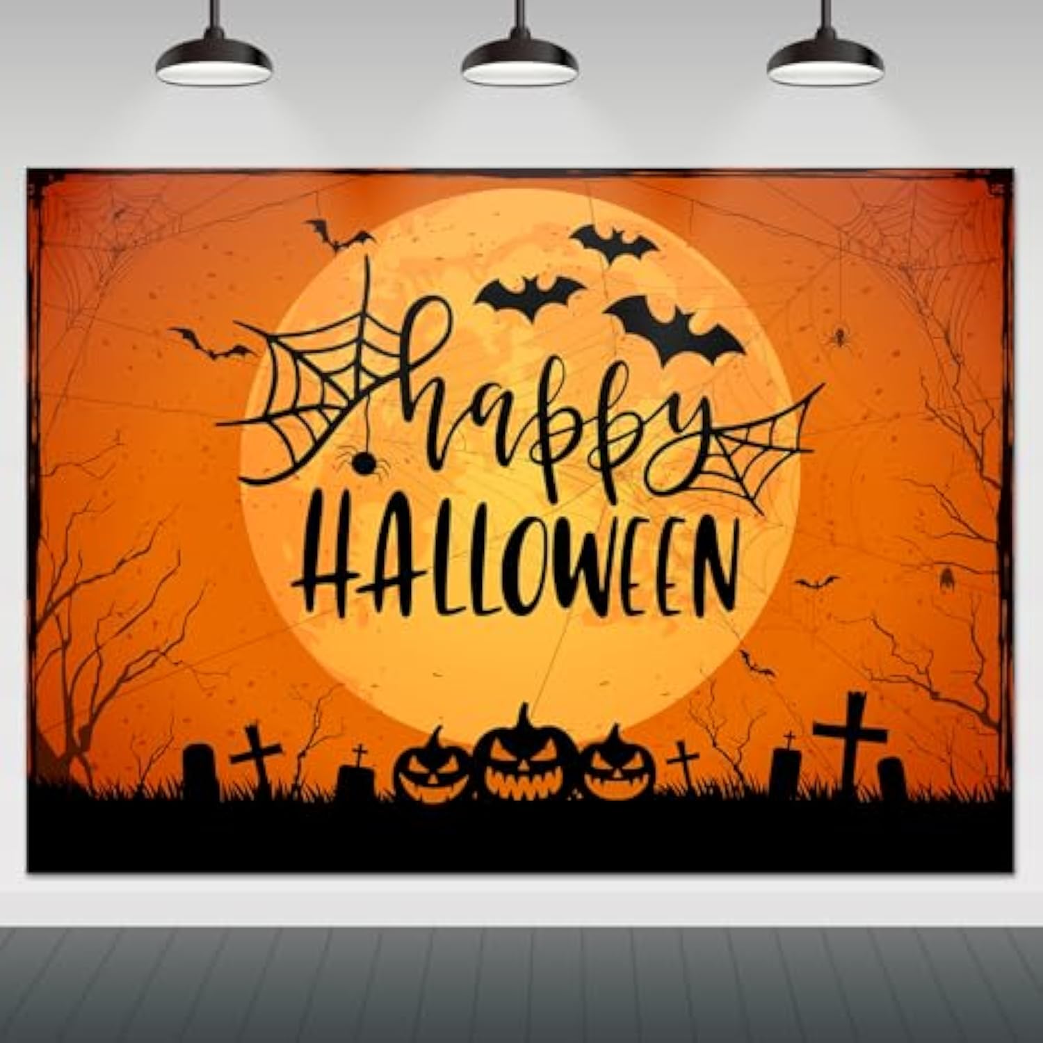 Happy Halloween Backdrop 7x5ft Orange Moon Graveyard Pumpkin Spider Web Party Decoration