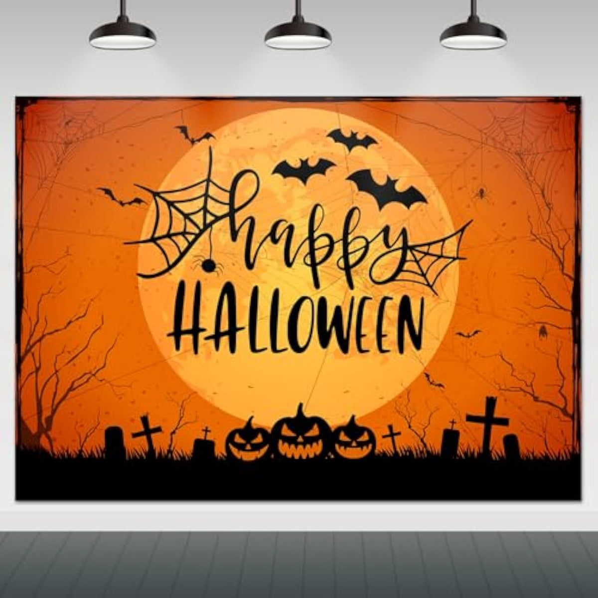 Happy Halloween Backdrop 7x5ft Orange Moon Graveyard Pumpkin Spider Web Party Decoration