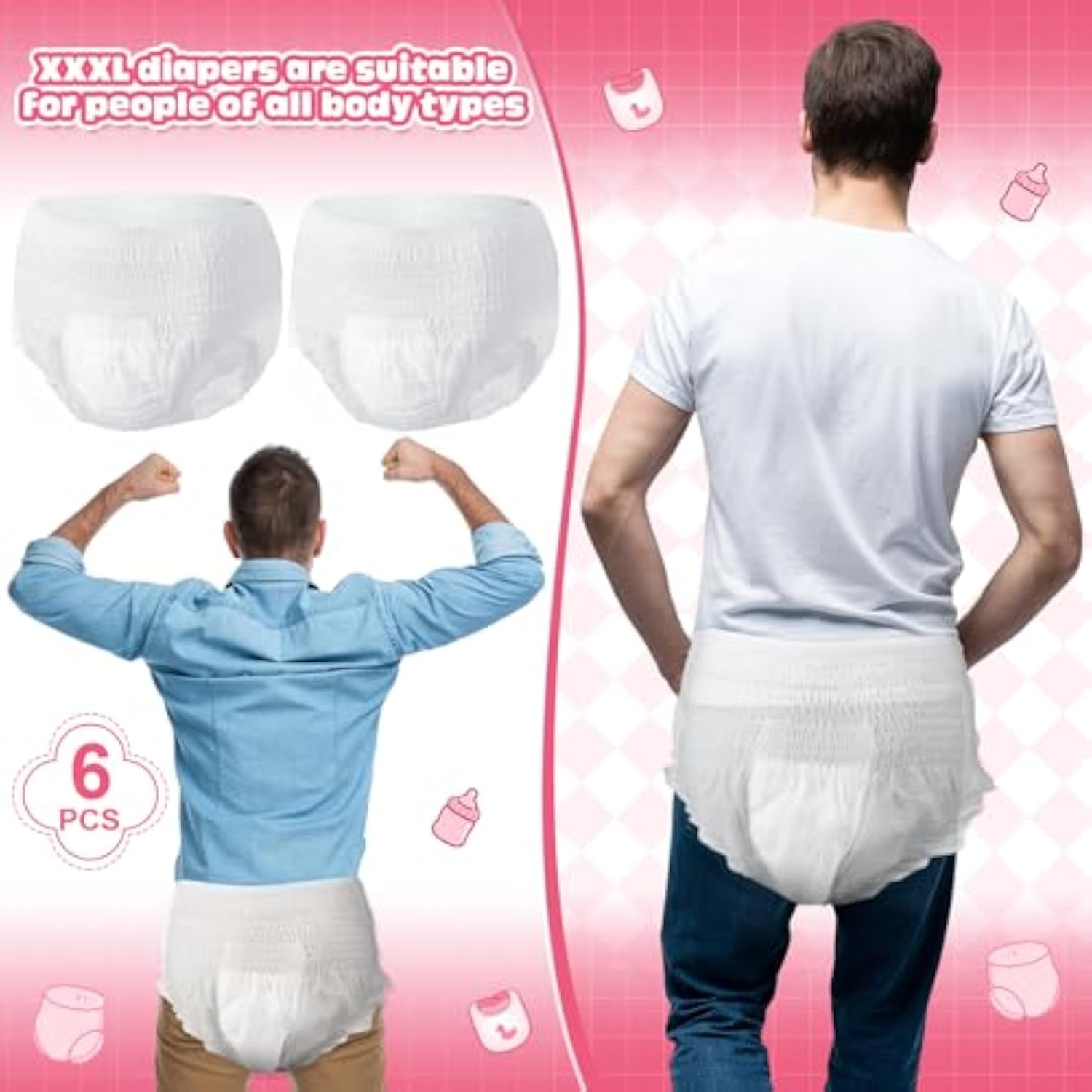 6 Sets Bottle Chug Baby Shower Games Juegos Para Plastic Baby Bottles Bibs Hat Disposable Diapers Gender Reveal Games Baby Changing Diaper Race Game Decoration (Pink)