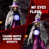 Halloween Animatronics Decorations Hanging Talking Witch, 67'' Animated Witches with Sound & Motion Activated, Creepy Sound, Glowing Crystal Ball & Lighted Eyes for Indoor Outdoor Haunted House Props
