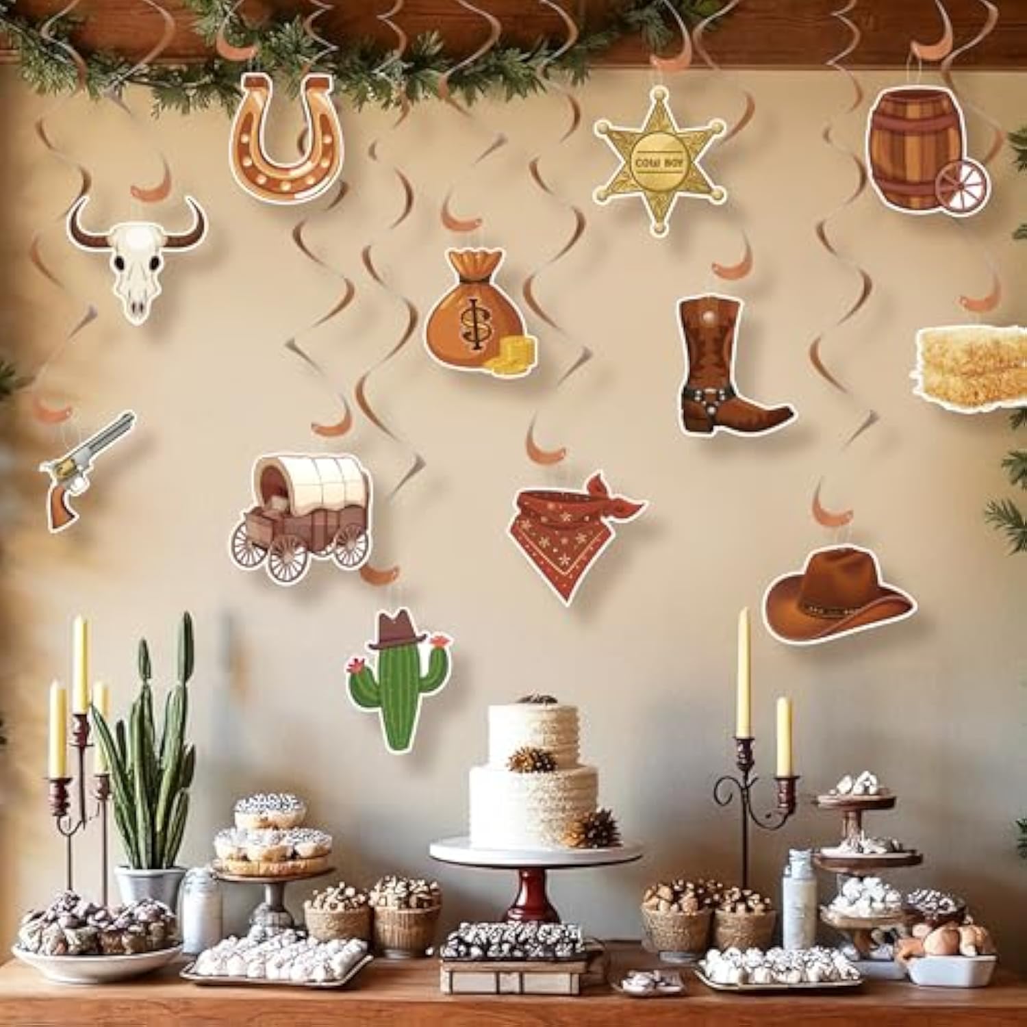 24Pcs Western Party Decorations, Western Cowboy Hanging Swirl Decorations Wild West Cowboy Ceiling Decorations For Birthday Baby Shower My First Rodeo Party Home Office Classroom (Assembled)