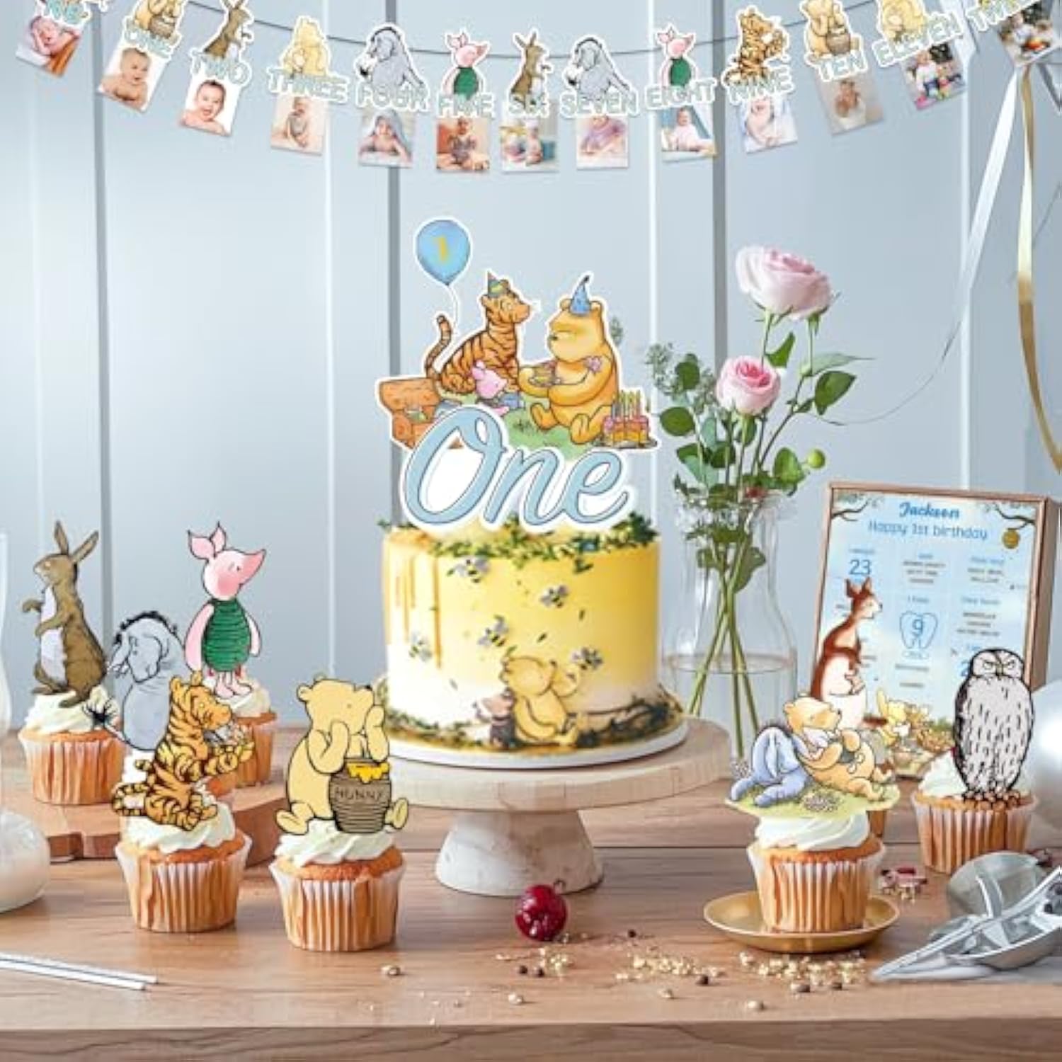 107Pcs Classic Winnie Birthday Decorations Complete Party Set, For Classic Winnie Boy 1St Birthday Party, Includes Photo Frame Banner, Balloon Chain Kit, Cake Toppers Kit, Table Cloth, Etc