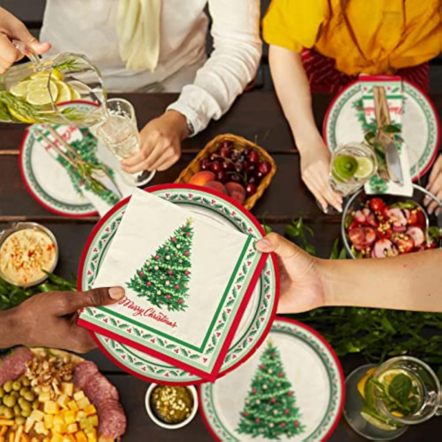 Christmas Party Supplies Kit, Serve 50, Christmas Tree Disposable Dinnerware Includes: Paper Dinner Plates, Dessert Plates, And Napkins, Great For Merry Christmas Party Decorations