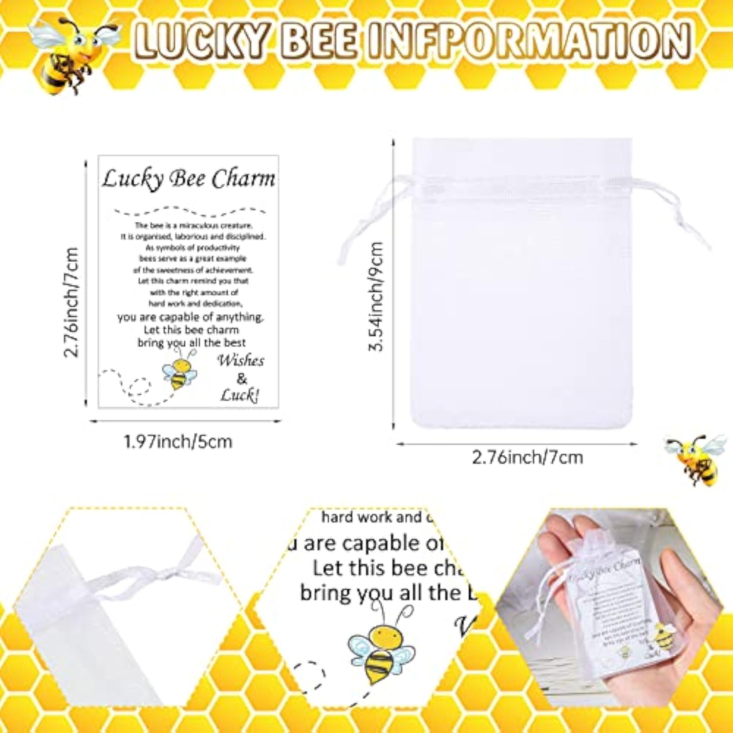 24 Sets Bee Good Luck Charm Gifts With Inspirational Story Cards And Organza Bags, Small Resin Bee Decor Pocket Favors For Teacher Appreciation Coworkers Employees Friends Holiday Party