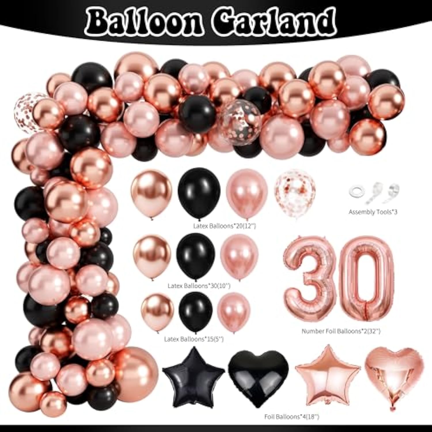 30Th Birthday Decorations For Her, Black Rose Gold Happy 30Th Birthday Backdrop Banner Sash Tiara Cake Topper Satin Ribbon Bows & Number 30 Balloon Arch Kit, Elegant 30 Birthday Decorations For Women