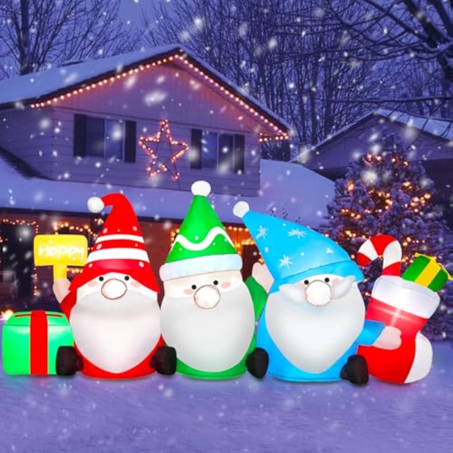 6 Ft Long Christmas Inflatable Outdoor Decoration Gnomes With Gift Box & Socks, Funny Merry Xmas Figures Winter Blow Up