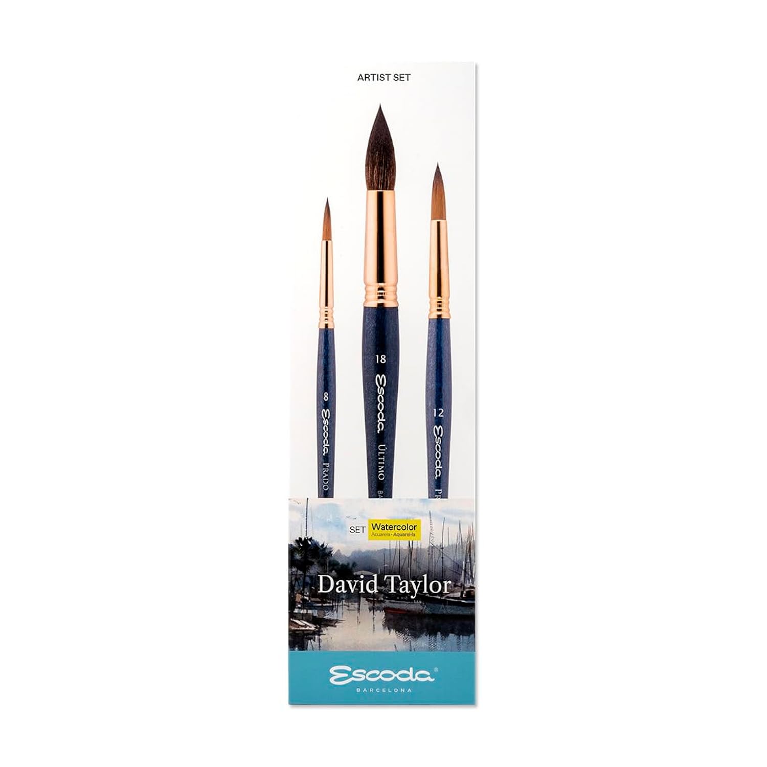 Escoda | Watercolour | Artist Set David Taylor | Size 8,12,18 | 3 Brushes | Synthetic Tendo + Tame | Round pointed
