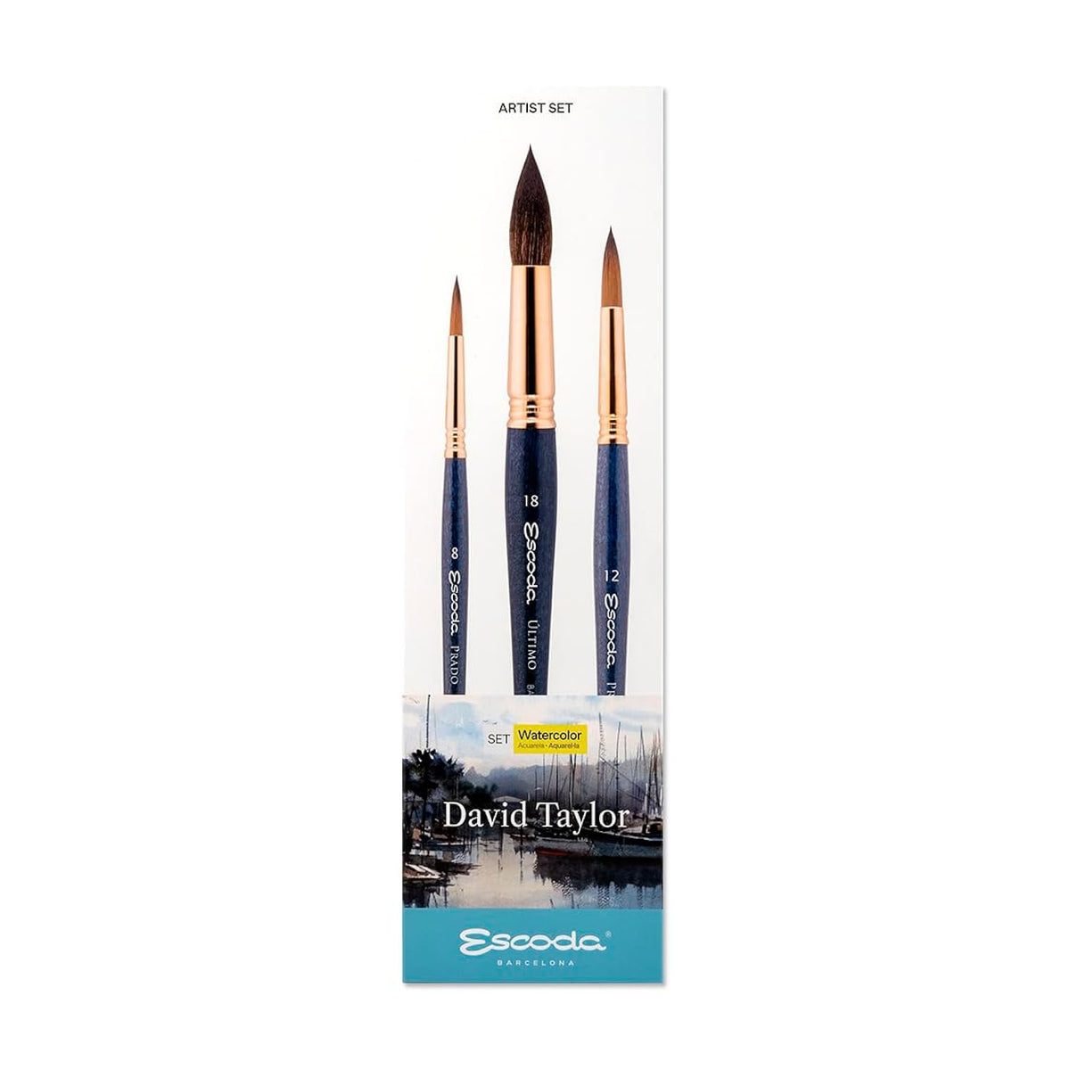 Escoda | Watercolour | Artist Set David Taylor | Size 8,12,18 | 3 Brushes | Synthetic Tendo + Tame | Round pointed
