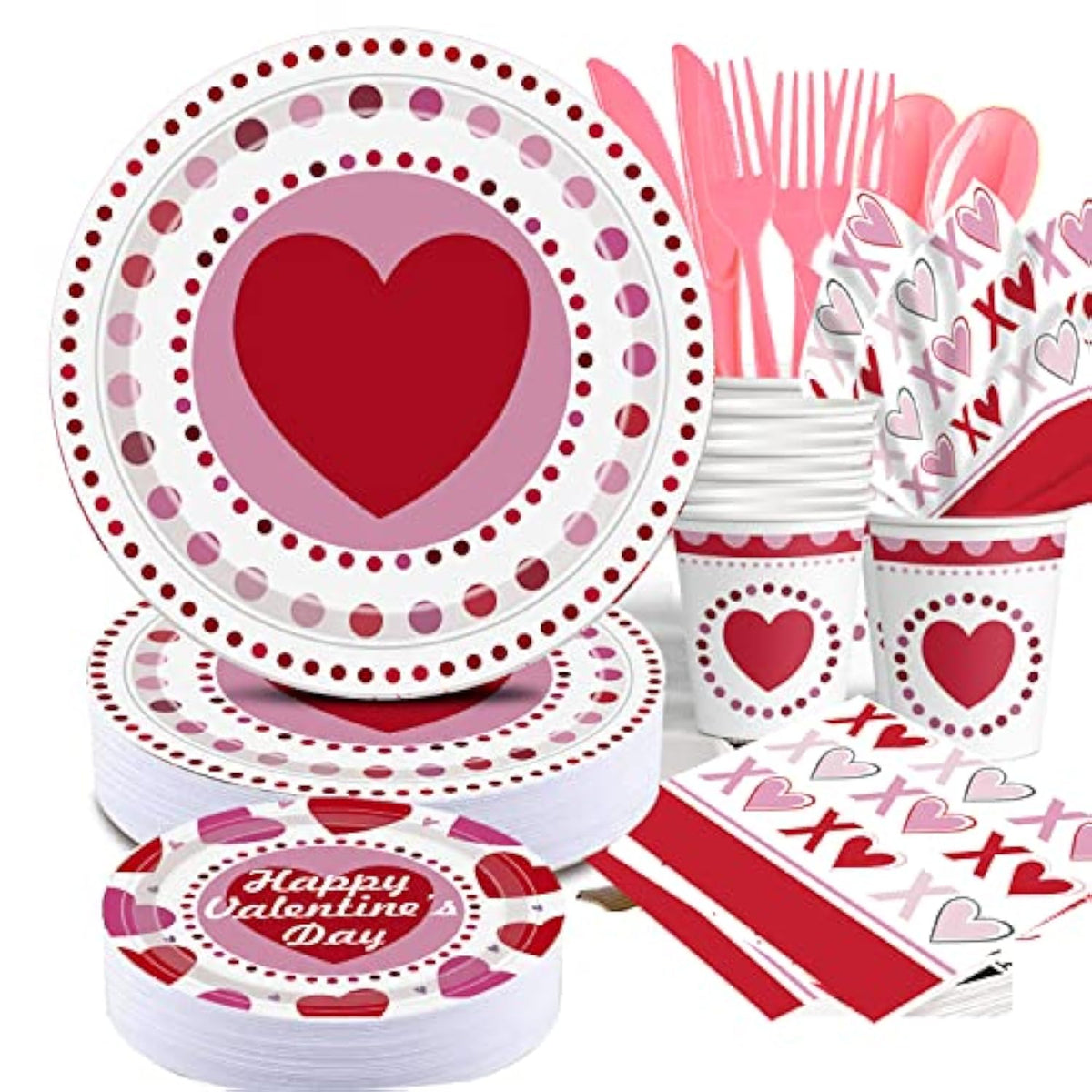 2025 Valentines Day Paper Plate Tableware Set - 177 Pcs Heart And Love Disposable Dinnerware With 2 Tablecloth - Red Paper Plates Napkins Cups For Valentines Day Kids School Office Party Supply