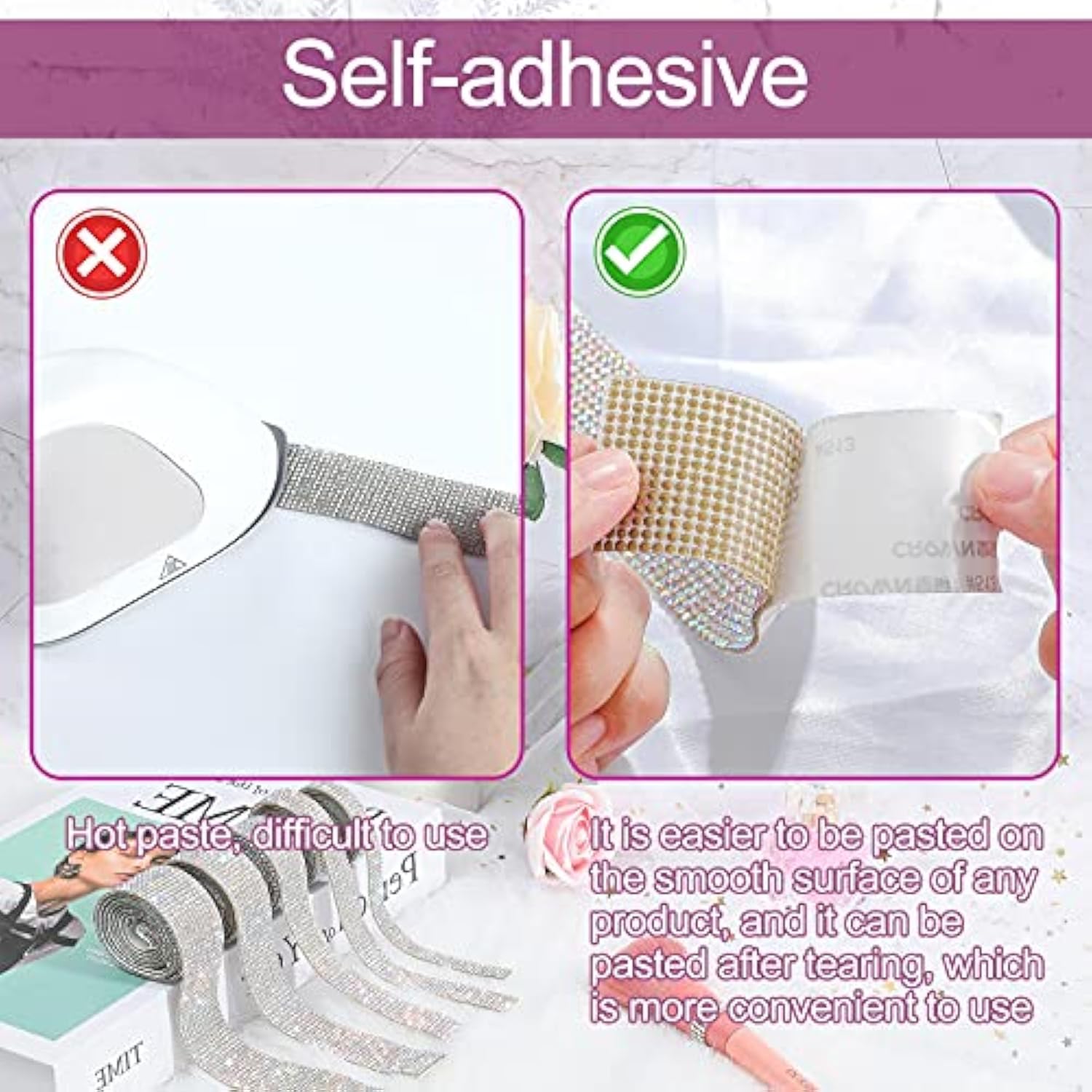 6 Rolls Self Adhesive Crystal Rhinestone Ribbon Diamond Bling Ribbons