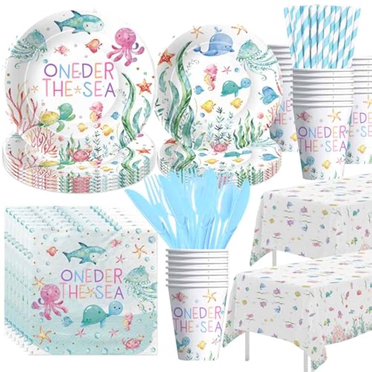Oneder Sea First Birthday Decorations Tableware, Ocean Theme Under The Sea Party Decorations For 1St Birthday, Paper Plate, Cup, Napkin, Tablecloth, Cutlery, Serves 24