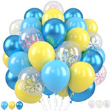 Blue And Yellow Balloons,50Pcs 12 Inch Flower Bubble Printed Metallic Blue Yellow Balloons With Ribbon,For Birthday Theme Party Decorations
