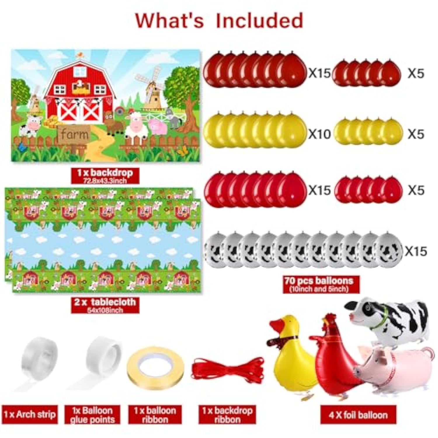 Farm Animals Theme Party Decorations Farm Barn Backdrop Banner Farmhouse Animals Decor Tablecloth Balloon Arch Garland Kit For Birthday Photography Baby Shower Party Supplies(Red)