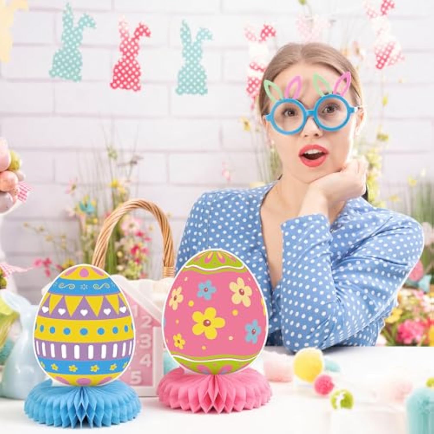 12 Pcs Happy Easter Honeycomb Centerpieces For Tables 3D Easter Rabbit Egg Bunny Centerpiece Table Decorations For Spring Holiday Birthday Photo Prop Party Supplies Tiered Tray Decor