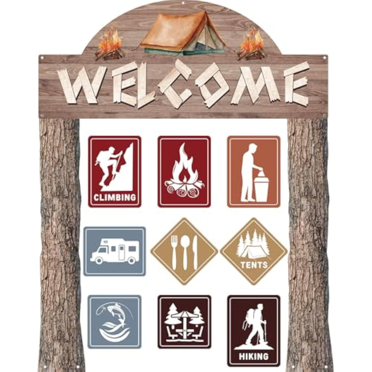 12 Pcs Camping Themed Party Decorations Welcome Banner With 9 Pcs Porch Laminated Sign 1 Double Sided Tape For Summer Camp Birthday Hawaii Themed Party Activity Decor Door Natural Style