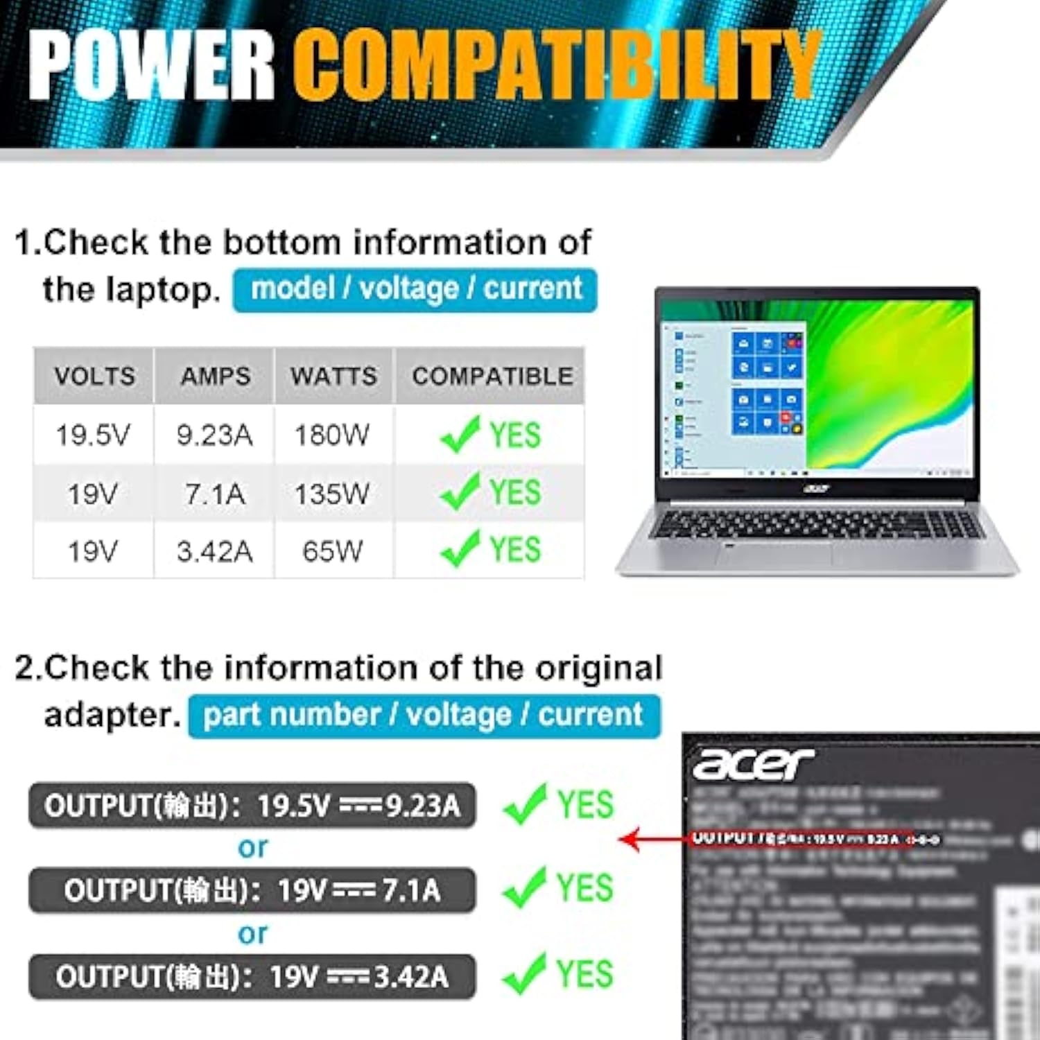 180W N18C3 Laptop Charger For Acer Nitro 5 7 An515-51 An515-53 An515-54 An715-