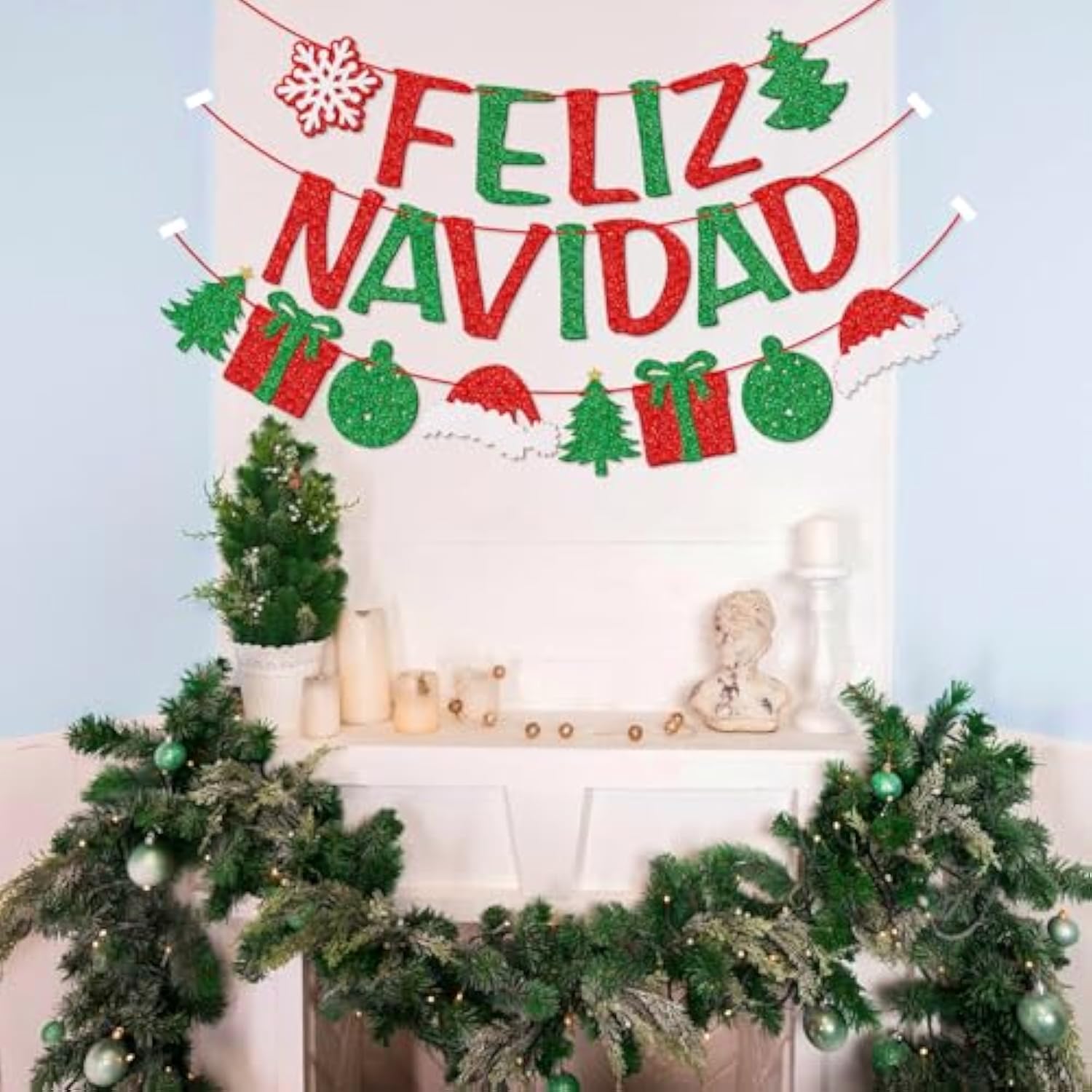 Feliz Navidad Banner With Christmas Sign Garland, Pre-Strung Spanish Merry Christmas Banner, Christmas Party Decorations For Home Office Fireplace Mantel, Red And Green Glitter