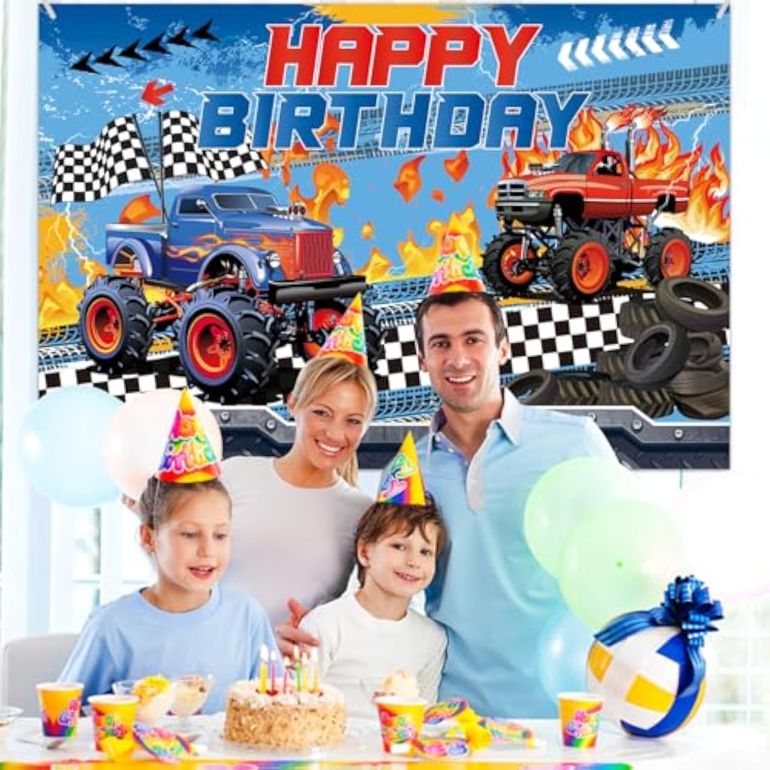 Monster Truck Party Decorations Happy Birthday Backdrop Supplies Kids Party Decor