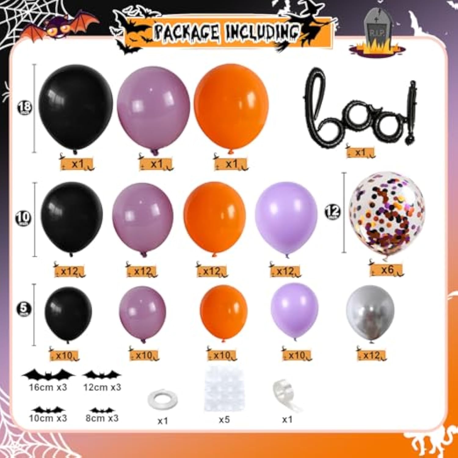118Pc Halloween Balloon Arch Kit – Purple Orange Black Silver with Boo & Bat
