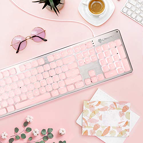 Computer Keyboard, Backlit Led Pink For Office, All-Metal Panel Usb Wired Membrane, 25 Keys Anti-Ghosting, 104 Keys Laptop Compatible