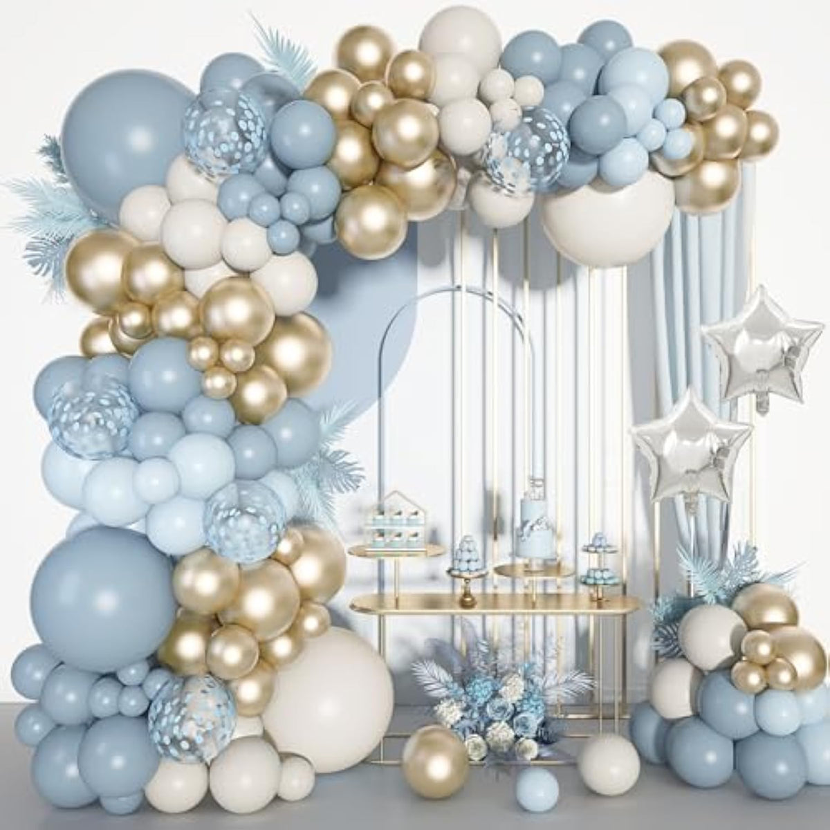 Dusty Blue Balloon Arch Kit: Gold, White, Confetti Balloons