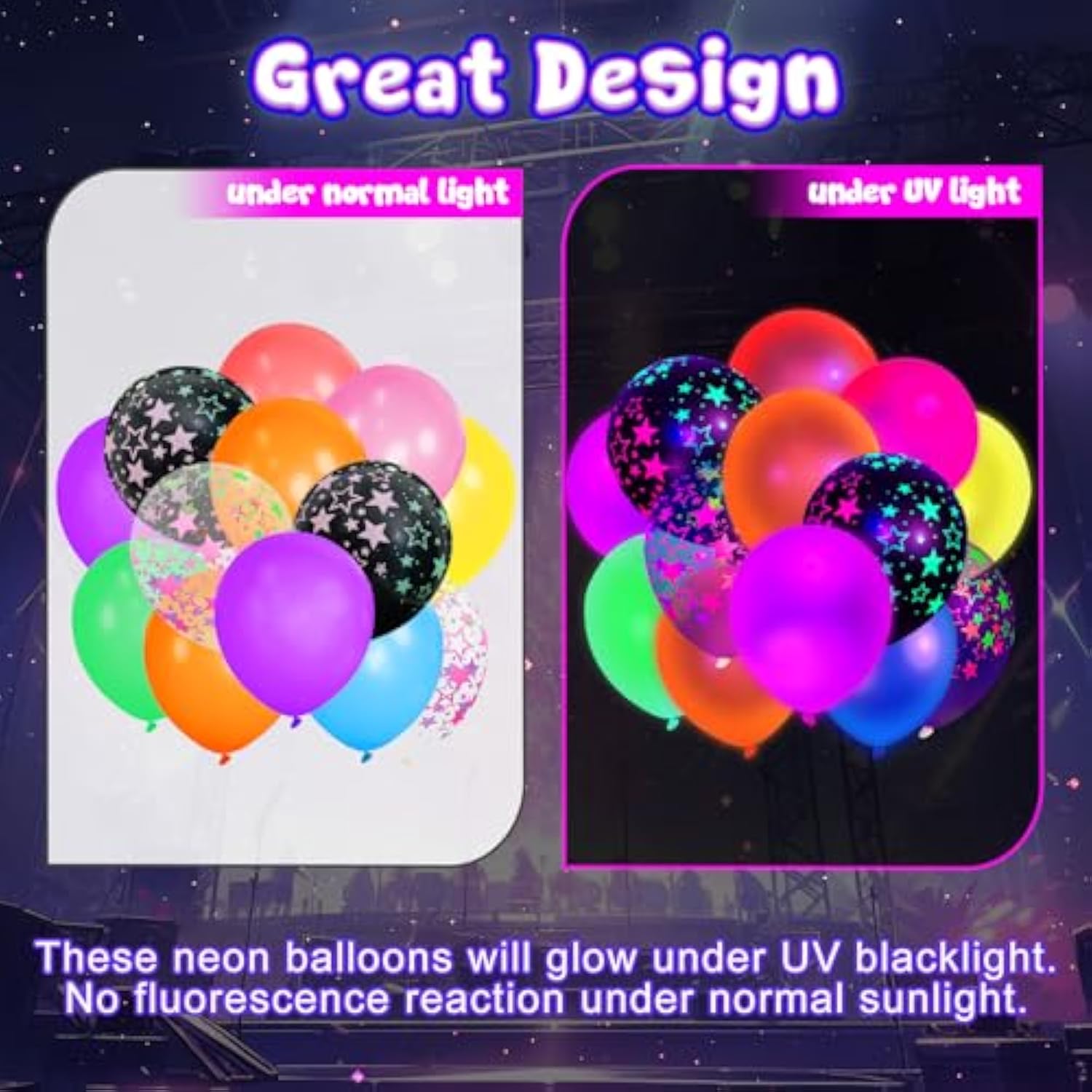 66Pcs UV Neon Balloons, Fluorescent 12" Latex Balloons with Stars for Glow Party
